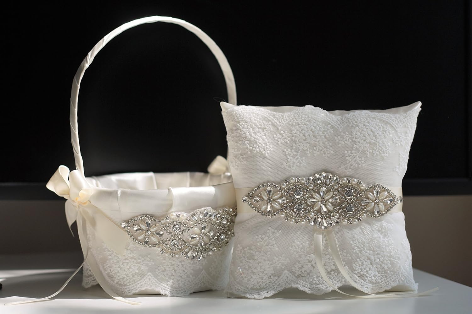 Amazon Com Ivory Flower Girl Basket Jewel Ring Bearer Pillow