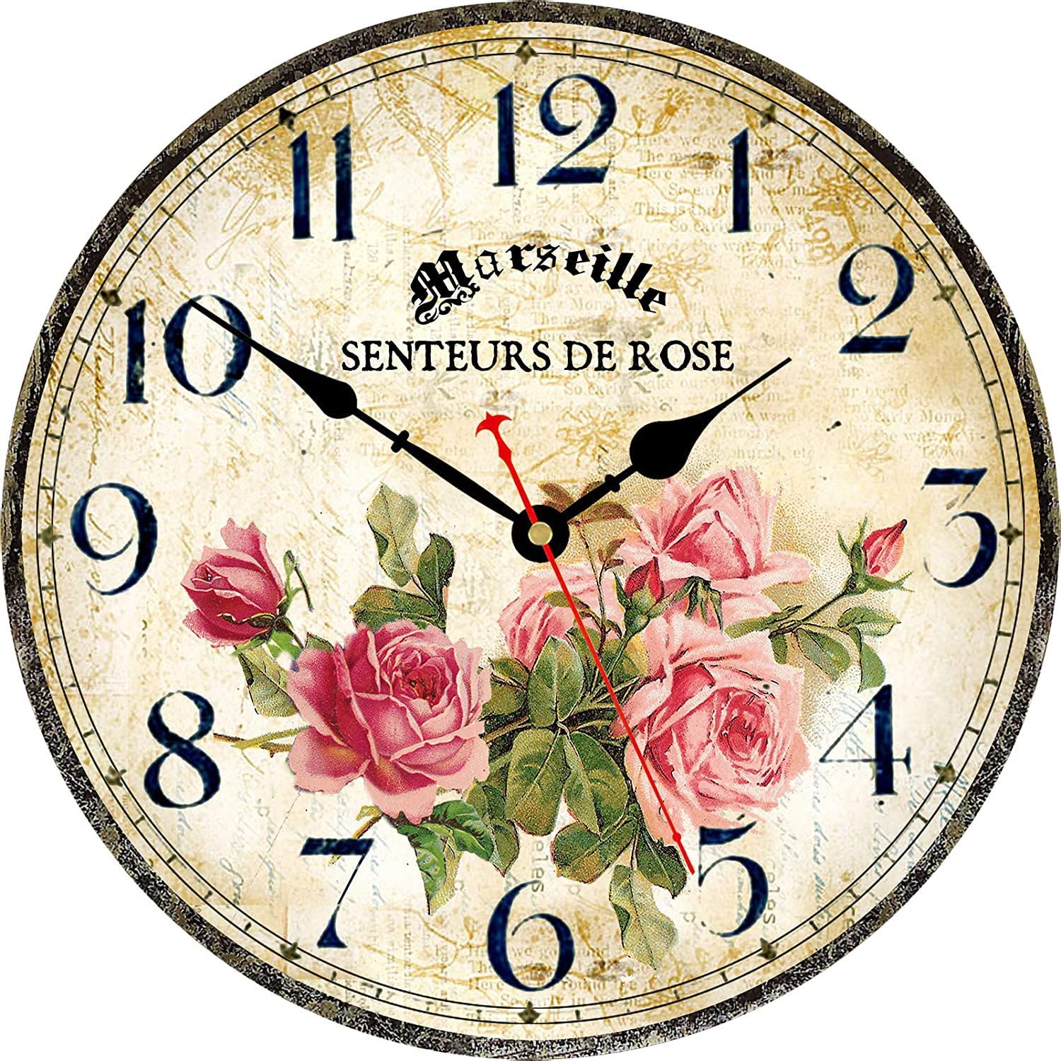 Toudorp Wood Pink Roses Wall Clock, 12 Inch Arabic Numeral Silent Clocks, Decorative Unusual Vintage Retro Wall Clocks for Kitchen Bedroom Living Room Bathroom Office