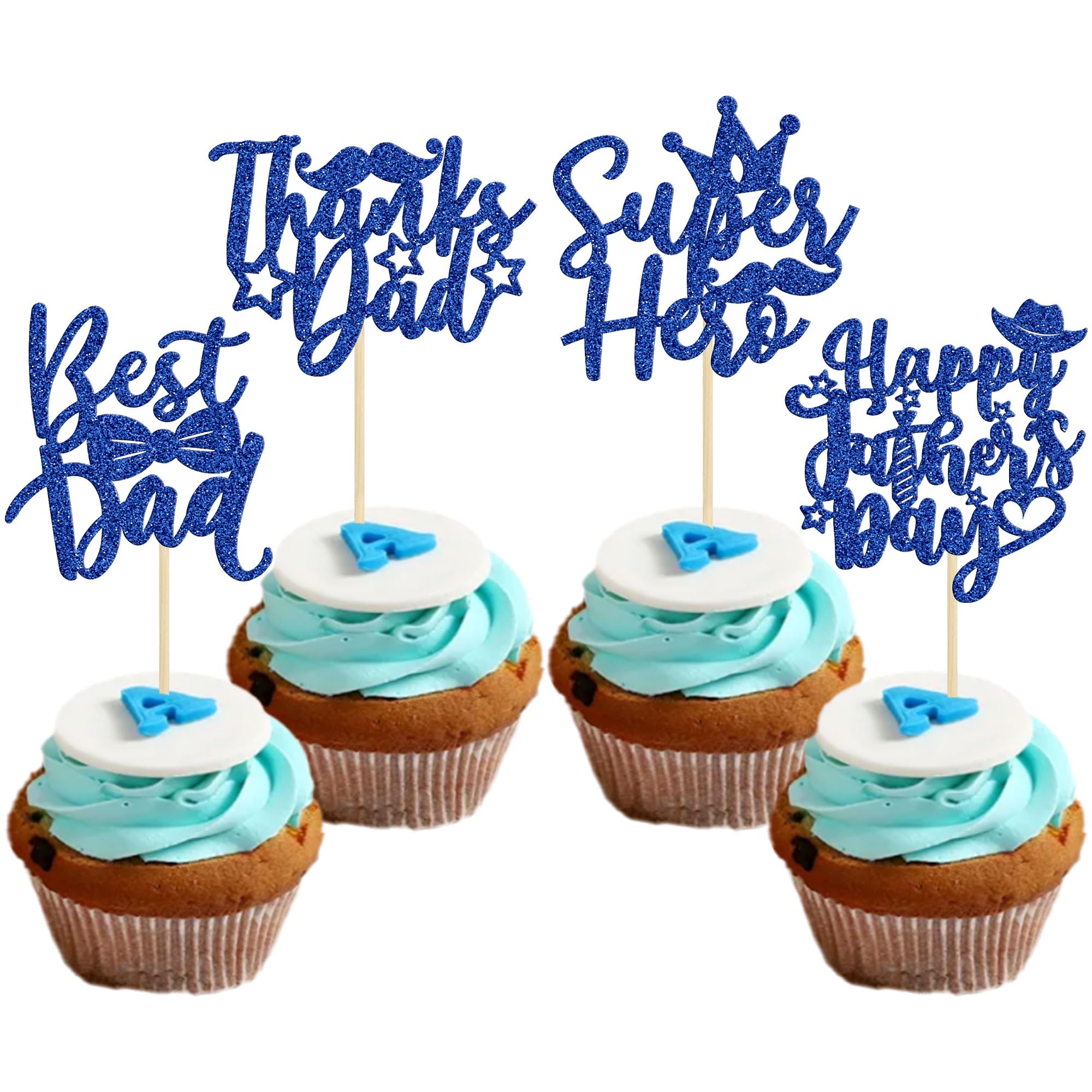 Gyufise 24Pcs Happy Father's Day Cupcake Toppers Blue Glitter Superhero Dad Thanks Best Dad Cupcake Picks for Happy Father's Day Theme Party Cake Decorations Supplies