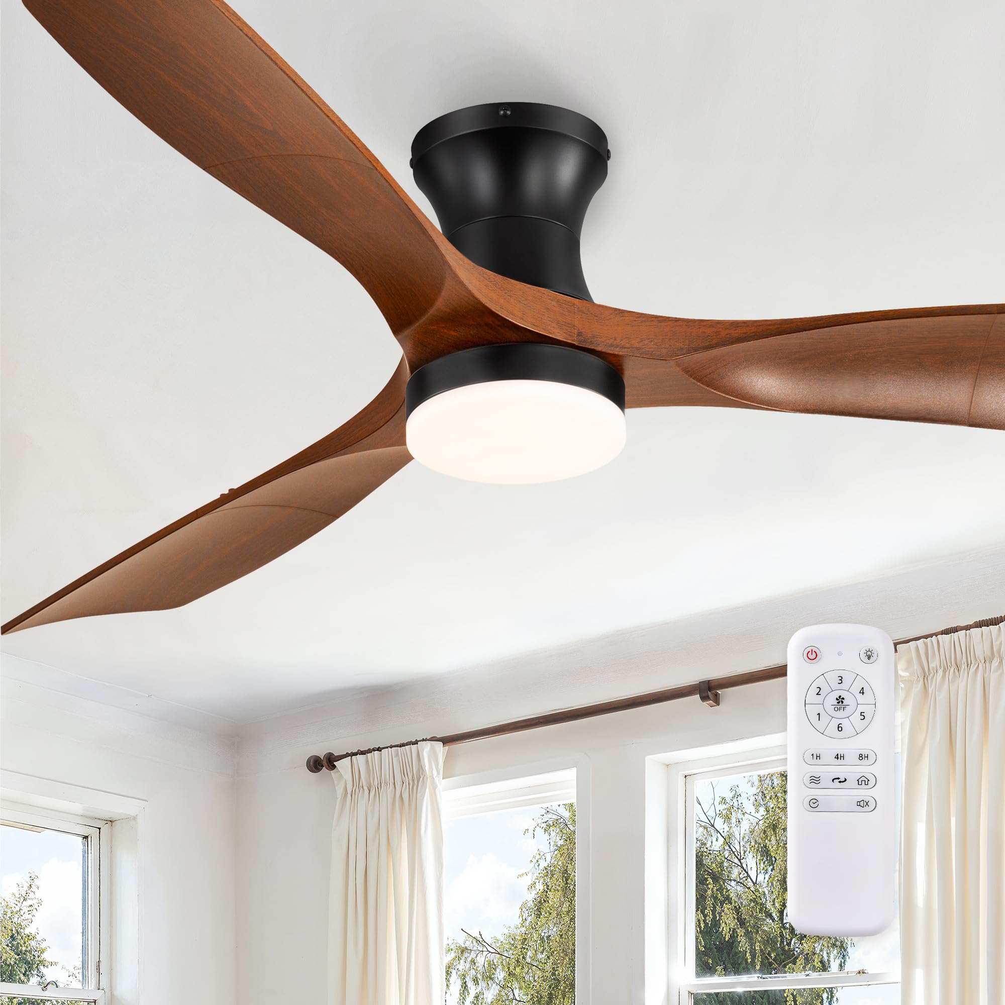 Photo 1 of Fanbulous 52 Inch Ceiling Fans with Lights and Remote, 3 Blades Flush Mount Low Profile Ceiling fan, Efficient 3475 CFM, Safe ABS, Timer, Quiet 35dB, 3CCT, Reversible for Bedroom Living Room, Walnut