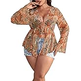 Floerns Women's Plus Size Boho Tops V Neck Bell Long Sleeve Tie Front Tee Shirts Concert Outfits