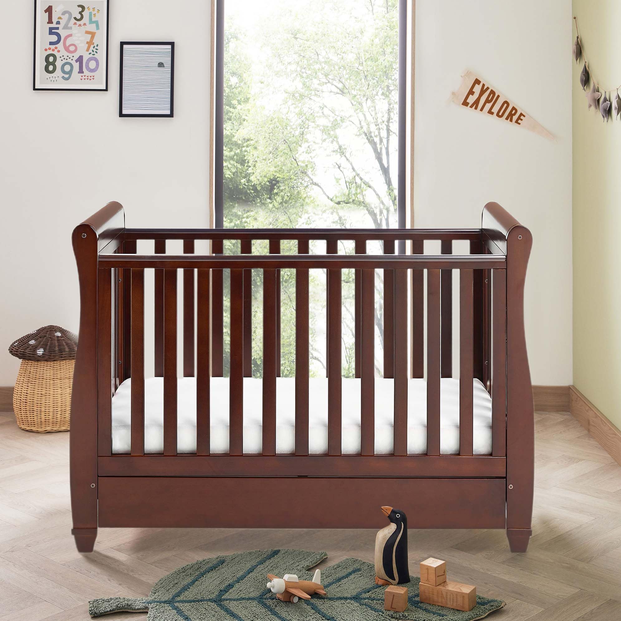 Babymore Eva Sleigh Cot Bed Drop Side with Drawer | Solid Pine Wood | Converts into Day Bed, Toddler Bed | Teething Rail (Dark Finish)