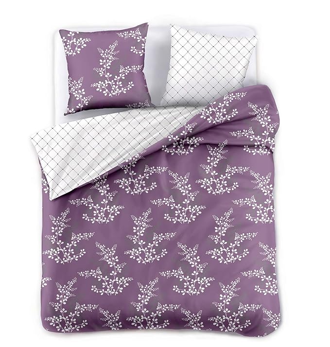DecoKing Premium 91913 200x220 cm mit 2 Kissenbezügen 80x80 violett Blumenmuster Blumen Bettbezüge Microfaser lila Pflaume we