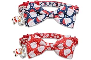 POHSHIDO Christmas Cat Bow Tie Collar with Bell, 2 Pack Holiday Kitty Kitten Santa and Snowman Collar for Male Female Girls