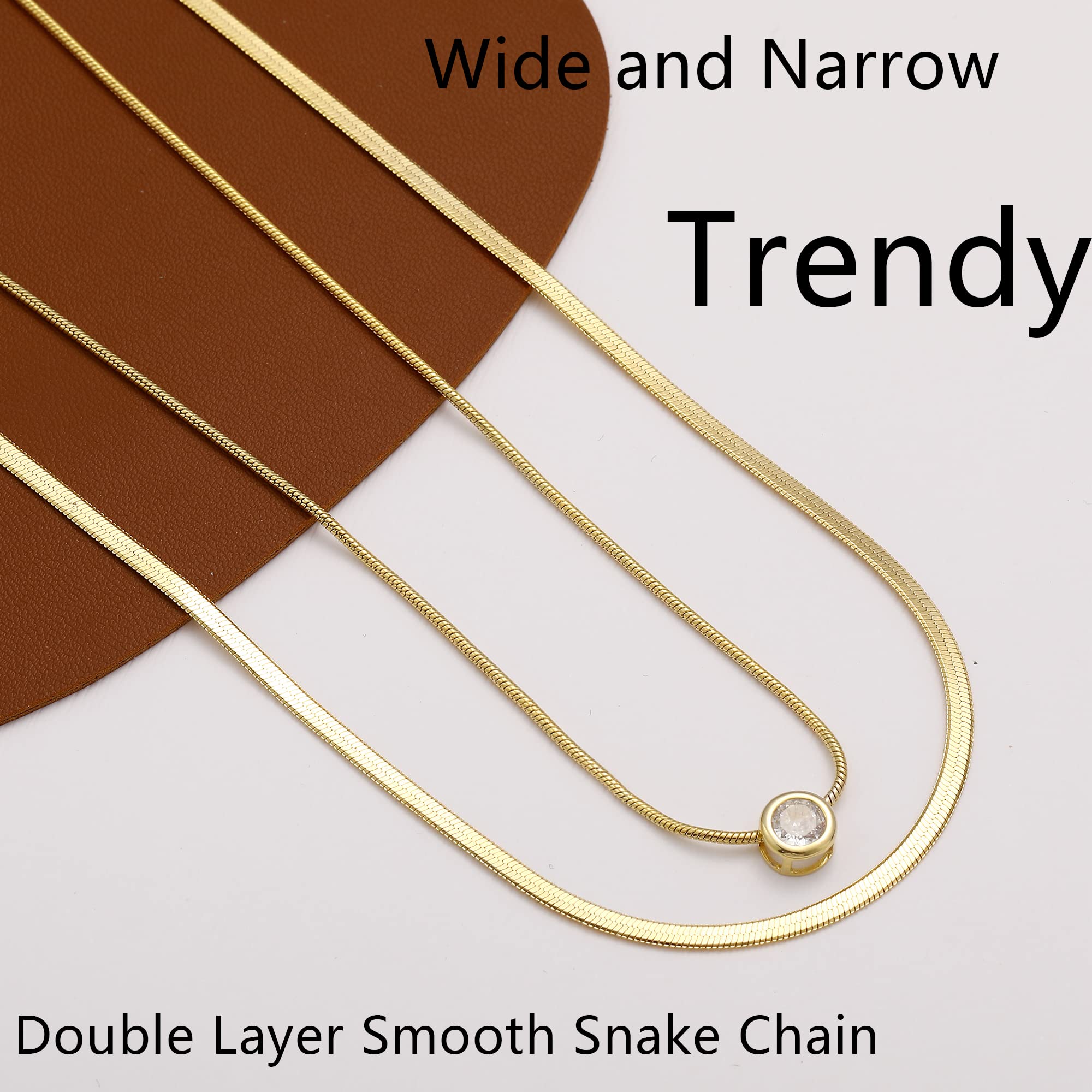 17 MILE Gold Layered Choker Necklace for Women, 14K Real Gold Plated CZ Pendant Necklace, Dainty Flat Snake Chain Layering Necklace for Gift