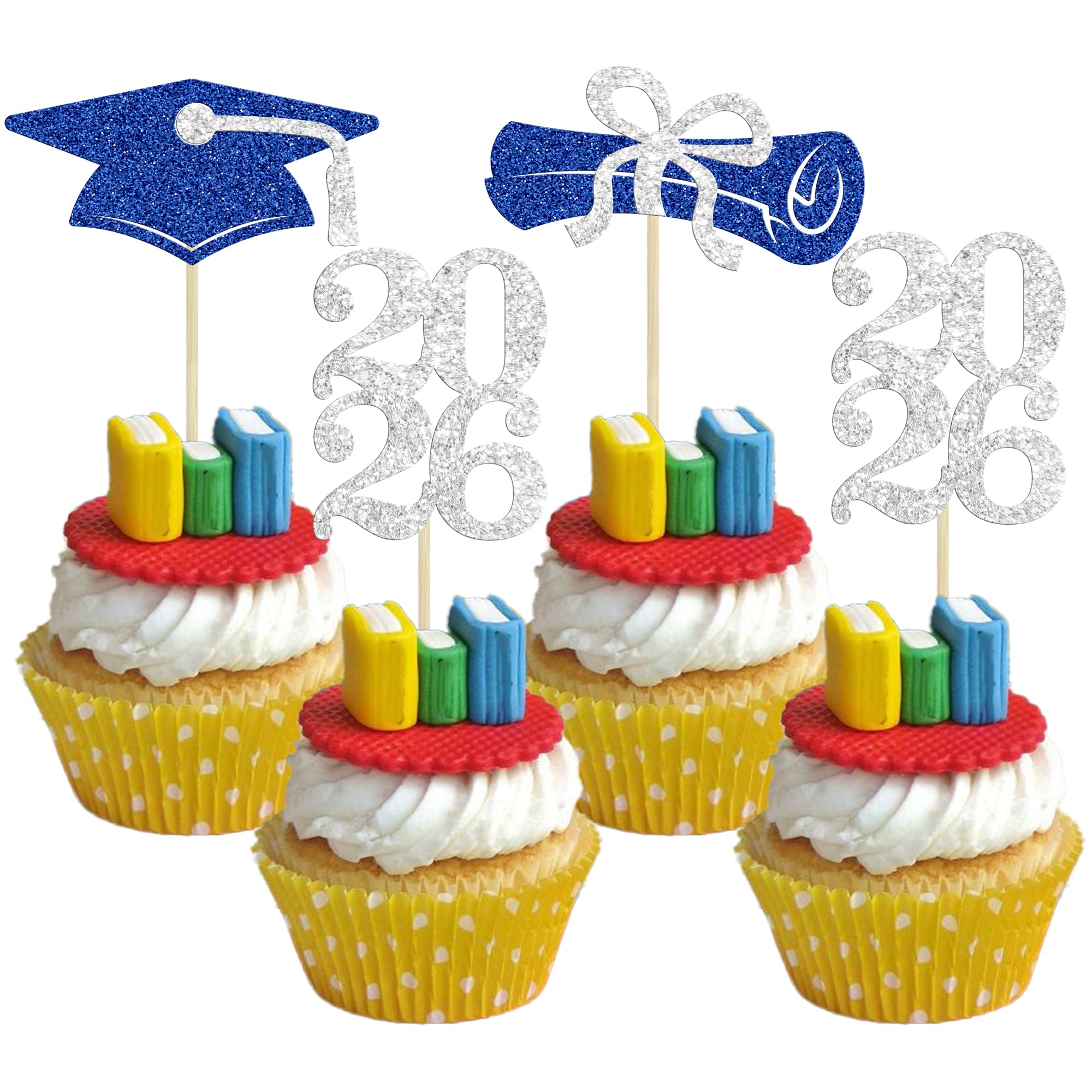 Ephlyn 24Pcs Graduation Cupcake Toppers Glitter Graduation 2026 Diploma Grad Cap Cake Topper Decorations for 2026 Graduation Theme Party Cake Decoration Supplies Black Red