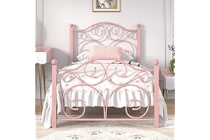 VECELO Twin Size Bed Frame with Headboard and Footboard, Heavy Duty Metal Slat Support, Platform Mattress Foundation, No Box Spring Needed, Easy Assembly, Light Pink