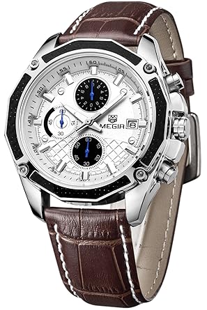 Mens Military Multifunction Quartz Wrist Watch Chronograph Sport Watches Brown Leather