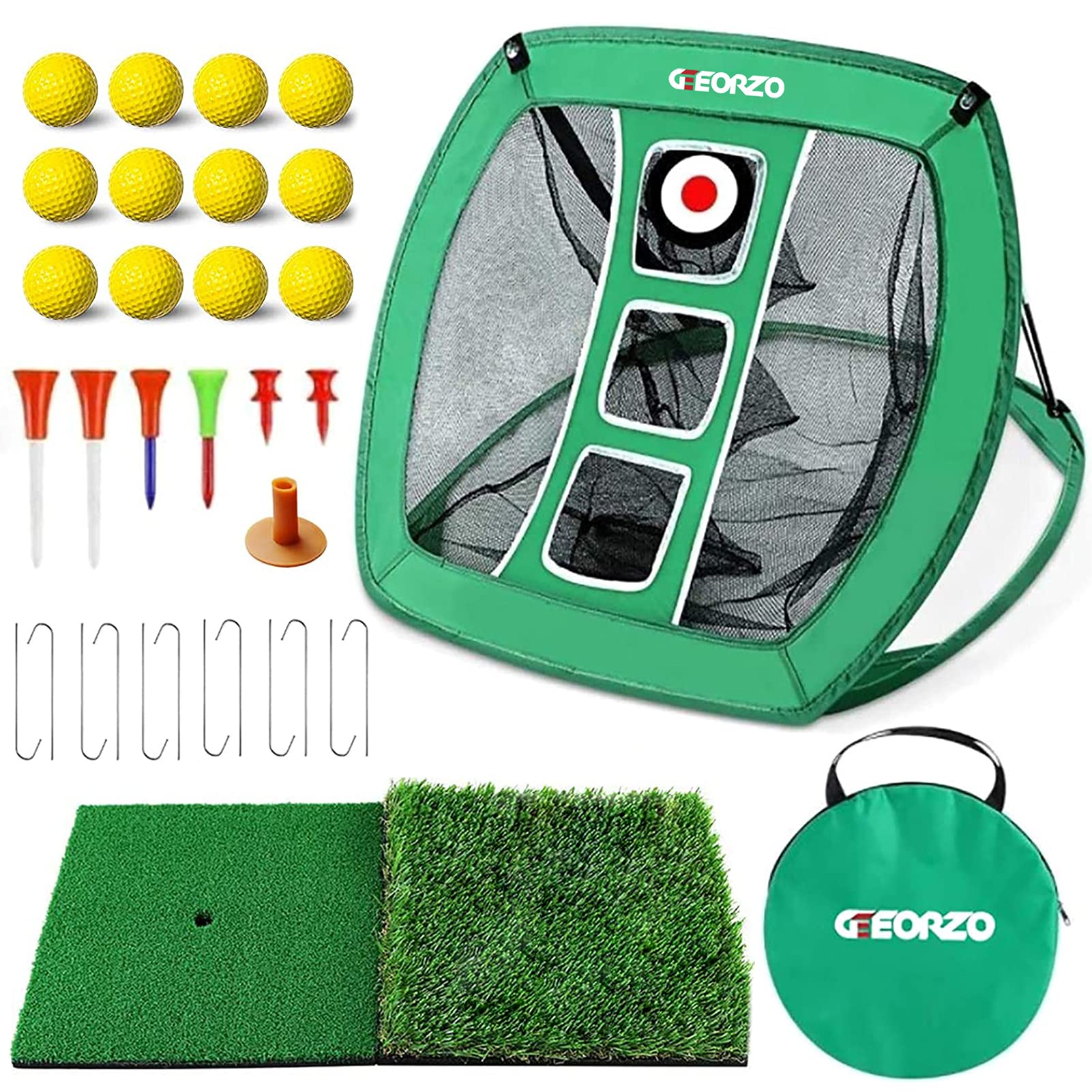 GEEORZO Golf Chipping Net, Pop Up Practice Net with 2 Hitting Mats, 12 Practice Balls and Tees Accessories for Backyard Outdoor Indoor (Net+Mats+Balls(Green))