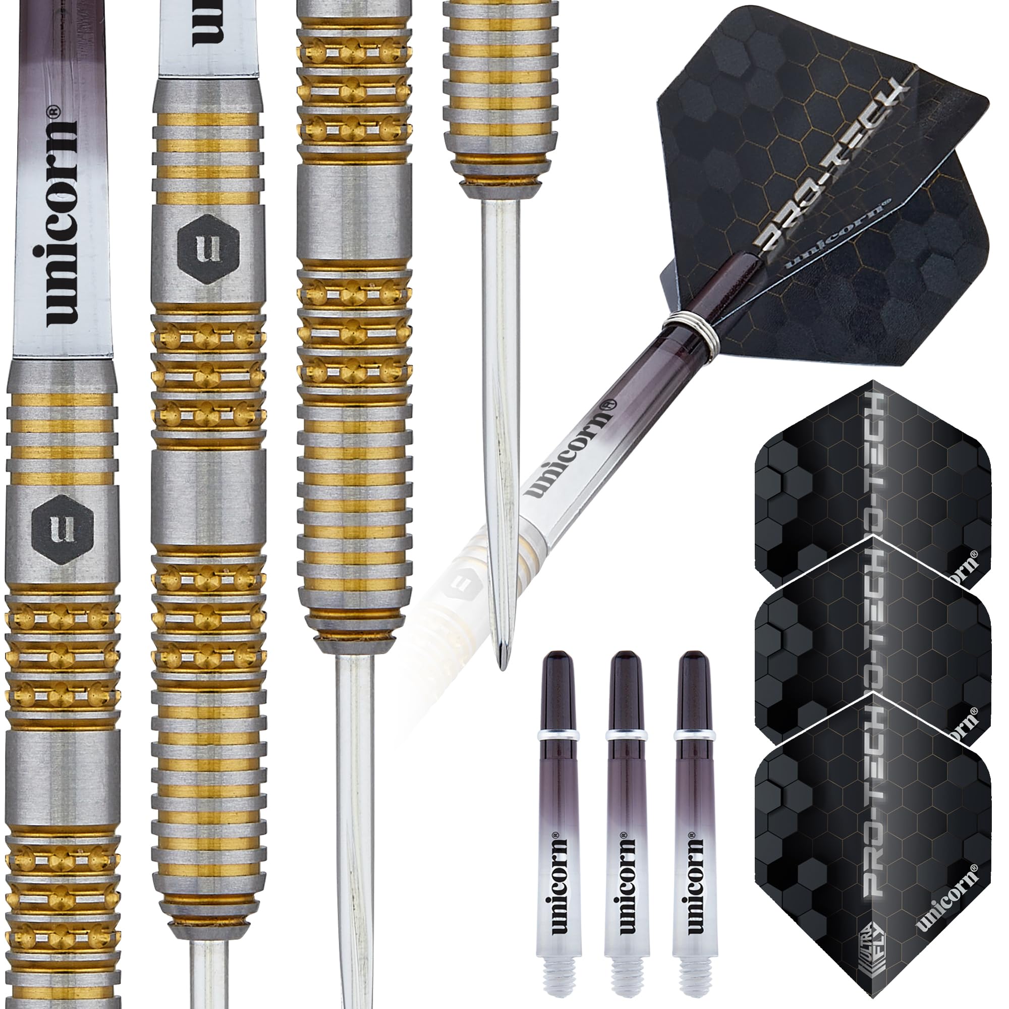 Unicorn Professional Darts Set | Pro-Tech Style 6 | 90% Natural Tungsten Barrels with Intricately Machined Golden Accents | Steel Tip Volute Points | 23 g