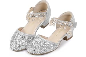 Hehainom Girls Sandals Sequins Princess Dress Shoes Closed Toe Low Heels for Toddler Little Big Kid Flower Wedding Party Pump Shoes