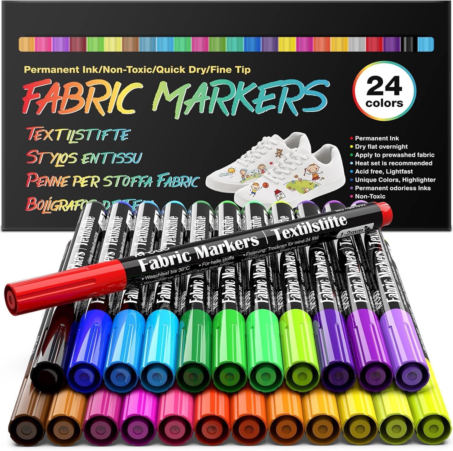 24 Fabric Pens Permanent for Clothes White T Shirt Design Kit Canvas Tote Bag Pillowcases Plain Cotton Bags Shoes Baby Shower Games, and Craft Paint Pens Art Markers for Adults Kids Gift