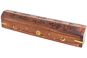 Govinda Wooden Coffin Incense Burner - 12" Sun Moon Star - Brass Inlays - Storage Compartment …