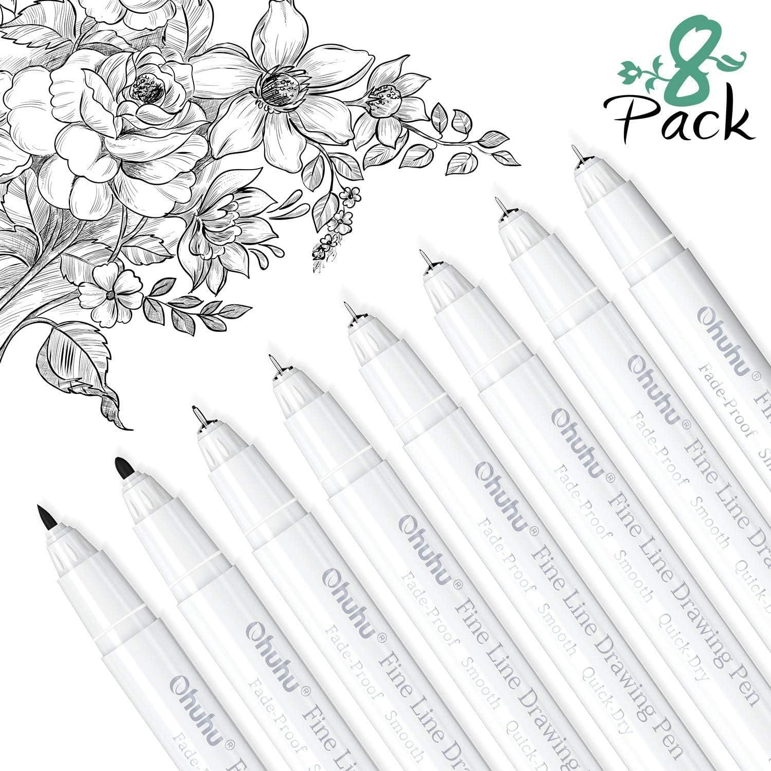Fineliner Drawing Pen, Ohuhu Set of 8 Pack Ultra Fine Line Drawing Markers, 8 Assorted Tip Sizes, 7 Fine Tip Markers with a Brush Tip, Black Ink for Markers Painting, Father's Day Card Writting : Office Products
