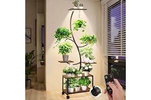 COOLPUB Plant Stand Indoor with Grow Lights, 62" Plant Stand Idoor with Locking Wheels, 7 Tiered Plant Shelf with Grow Lights Adjustable Brightness Remote Control, Plant Stand for Living Room, Patio
