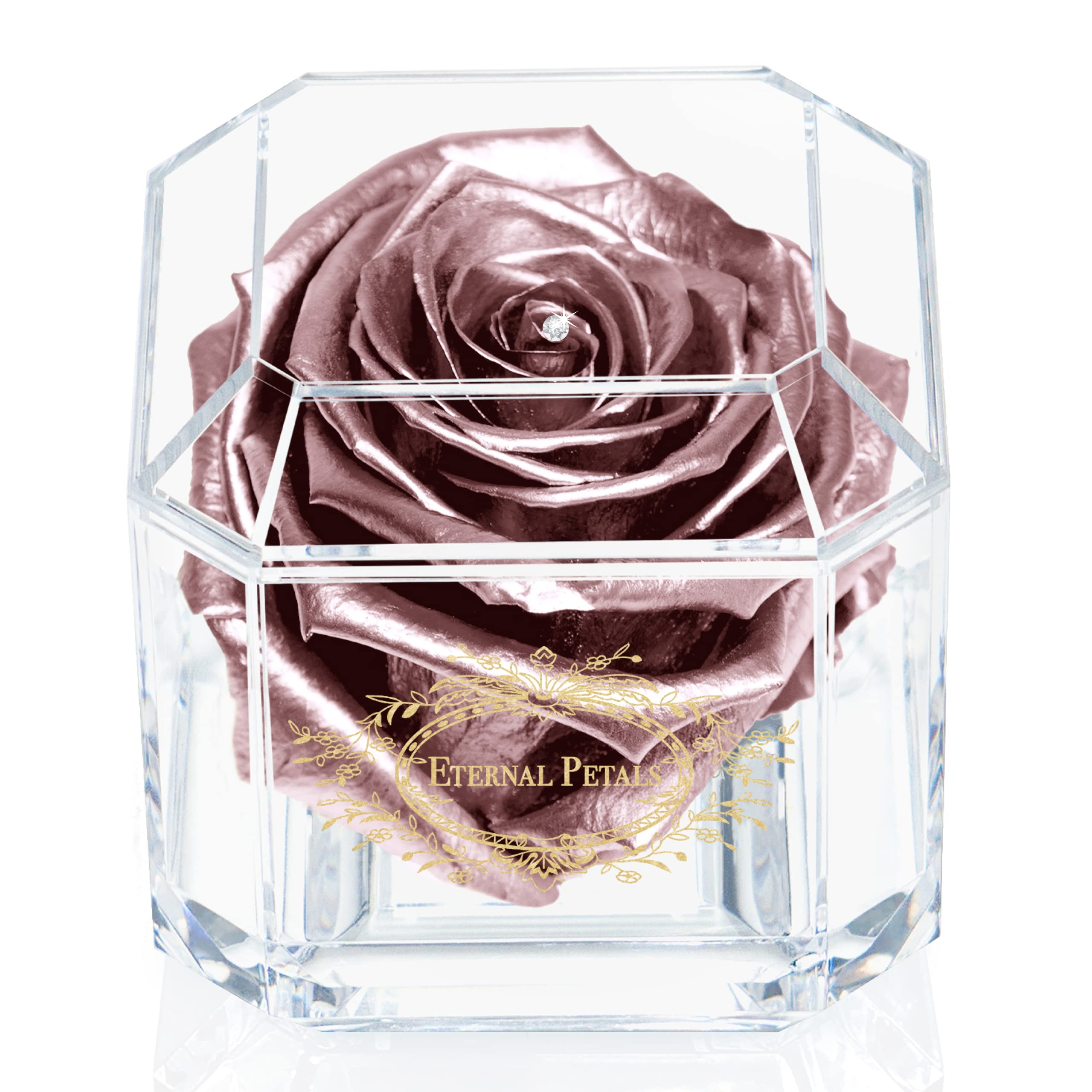 A 100% Real Rose That Lasts Years - Eternal Petals, Handmade in UK – Gold Solo with A Clear Crystal (Rose Gold)