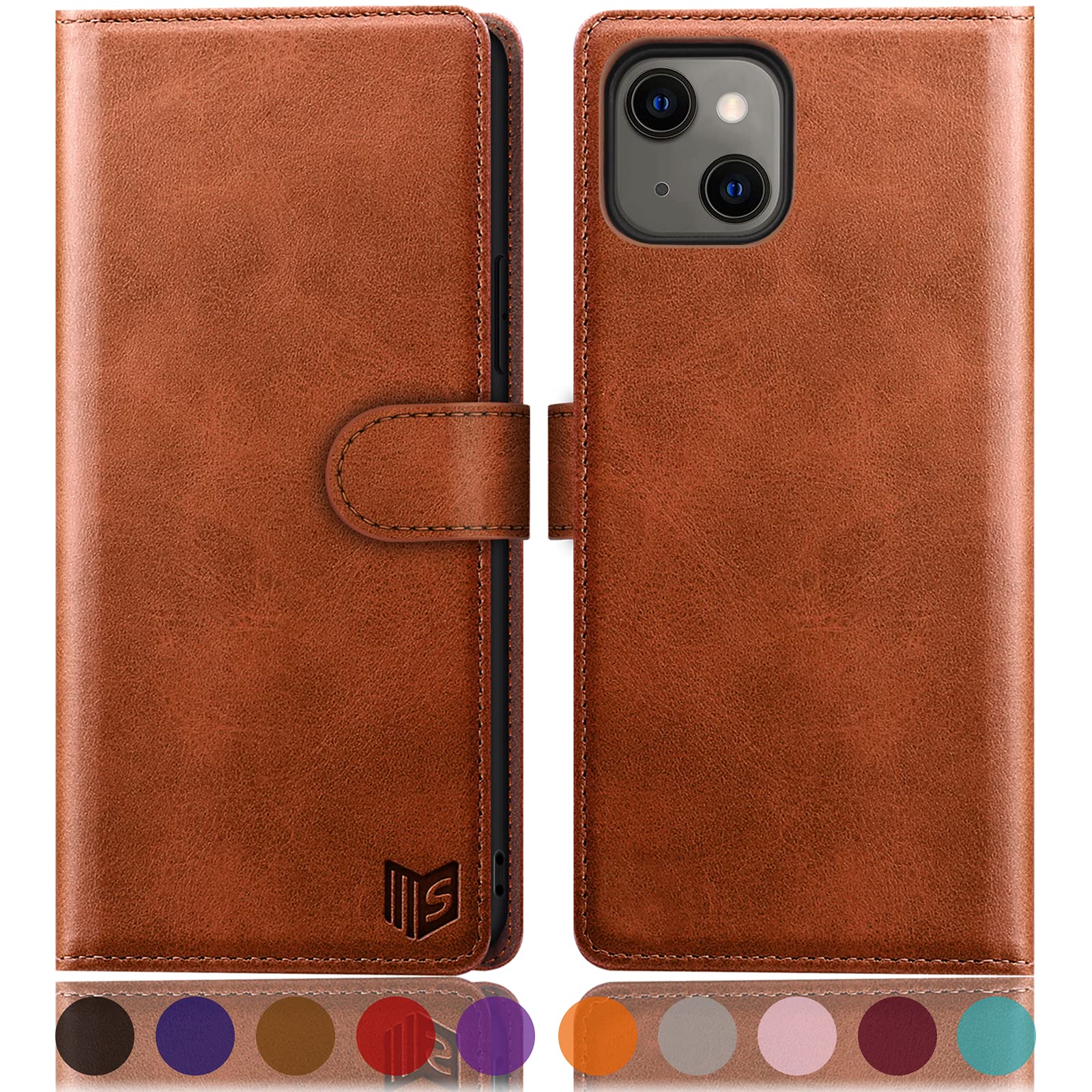 SUANPOT for iPhone 13 5G 6.1 inch case with [Credit Card Holder][RFID Blocking],PU Leather Flip Book Protective Cover Women Men for Apple 13 Phone case Light Brown
