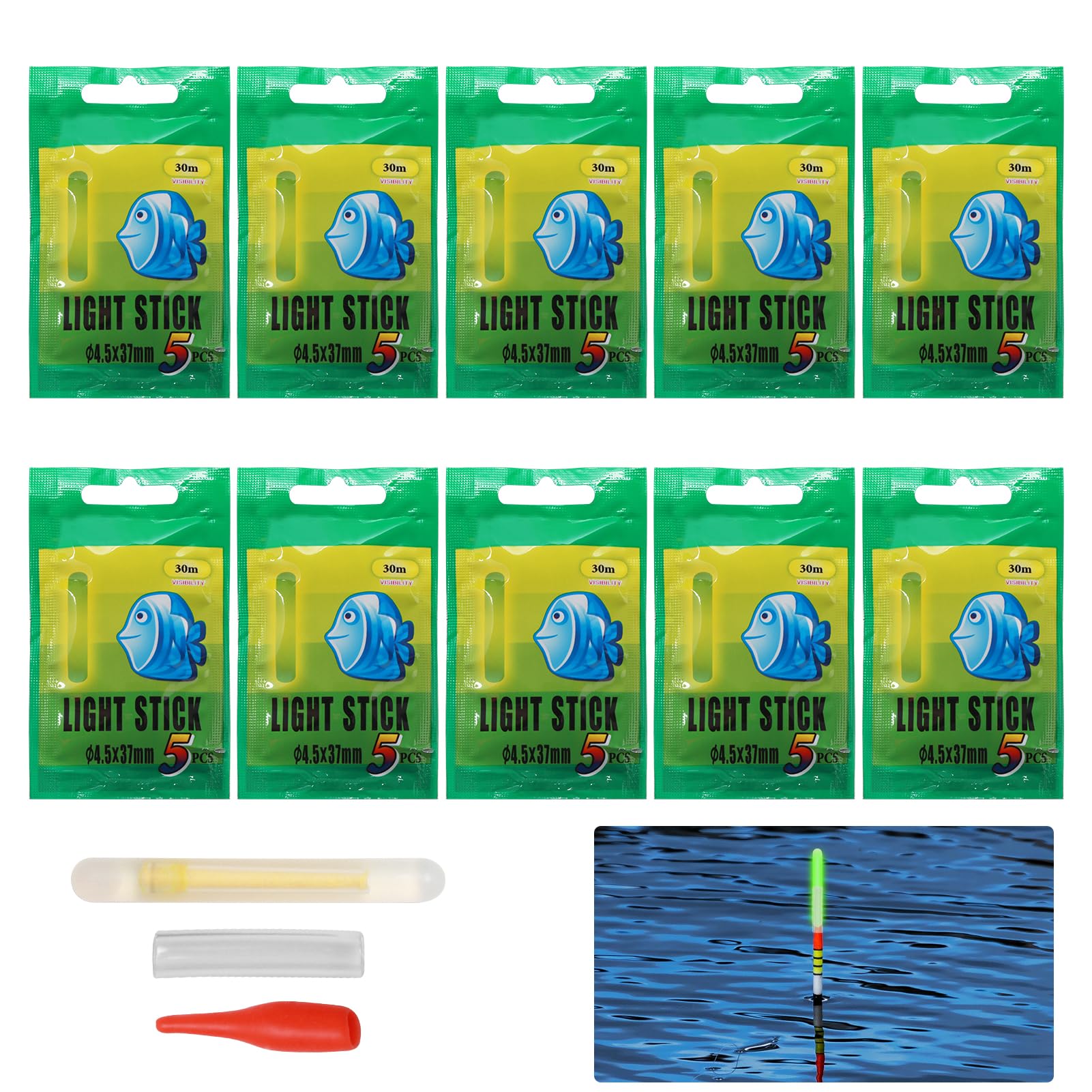 50pcs Night Fishing Glow Sticks - High Visibility Fishing Float Glow Sticks for Night Fishing 30m Visibility 10-12 Hours Glow Time Waterproof Night Fishing Bite Alarm, 4.5 X 37mm, Energy Class A+++