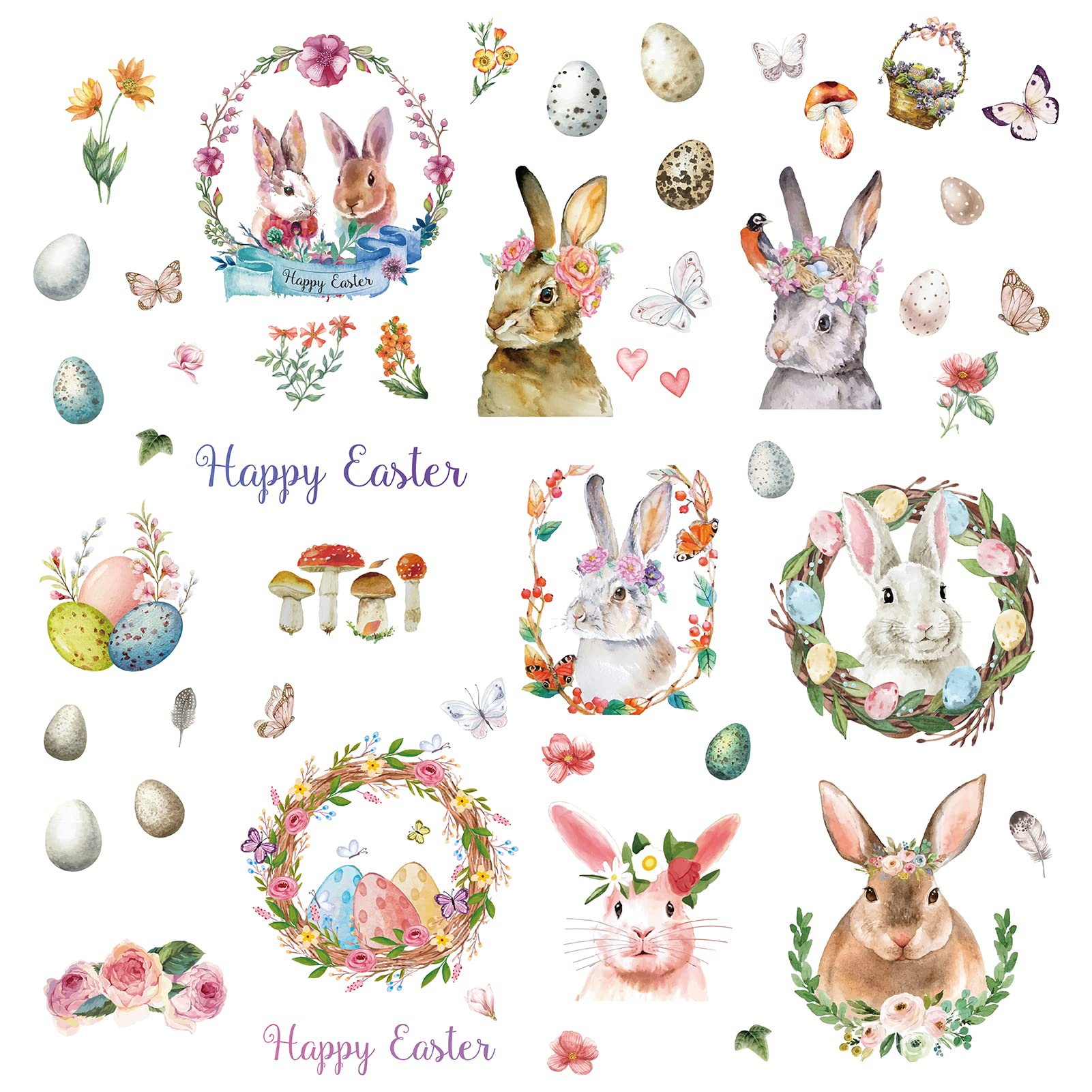 CRASPIRE Happy Easter Wall Decals Bunny Wall Stickers 8 Sheets Egg Flower Window Stickers Waterproof Removable Vinyl Wall Art for Window Room Living Room Decorations