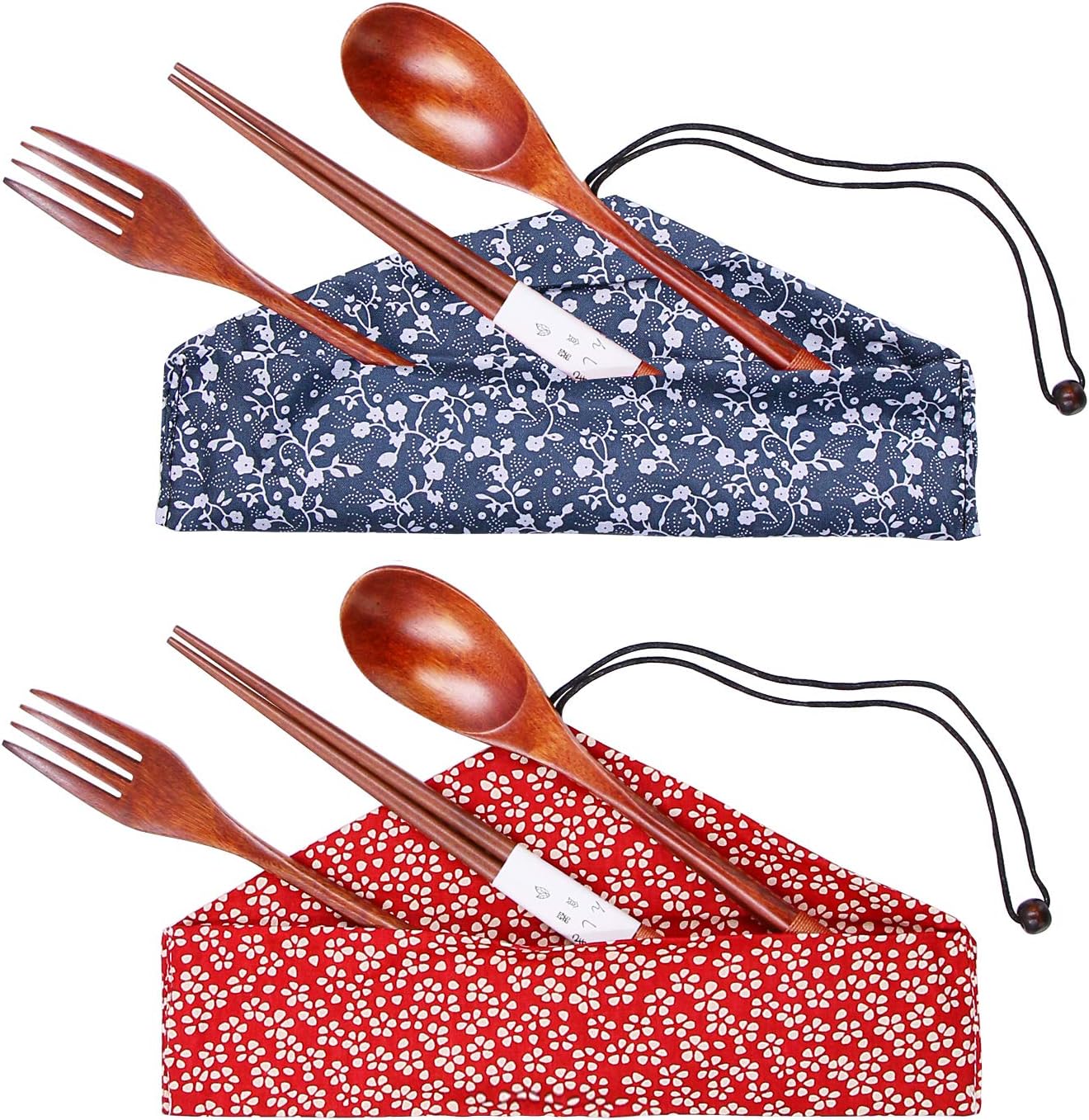 STARTOSTAR Wooden Flatware Set of 5-Piece Tableware with Pouch for Camping, Travel, Picnic,Office or Home (Fork, Spoon, Chopsticks)