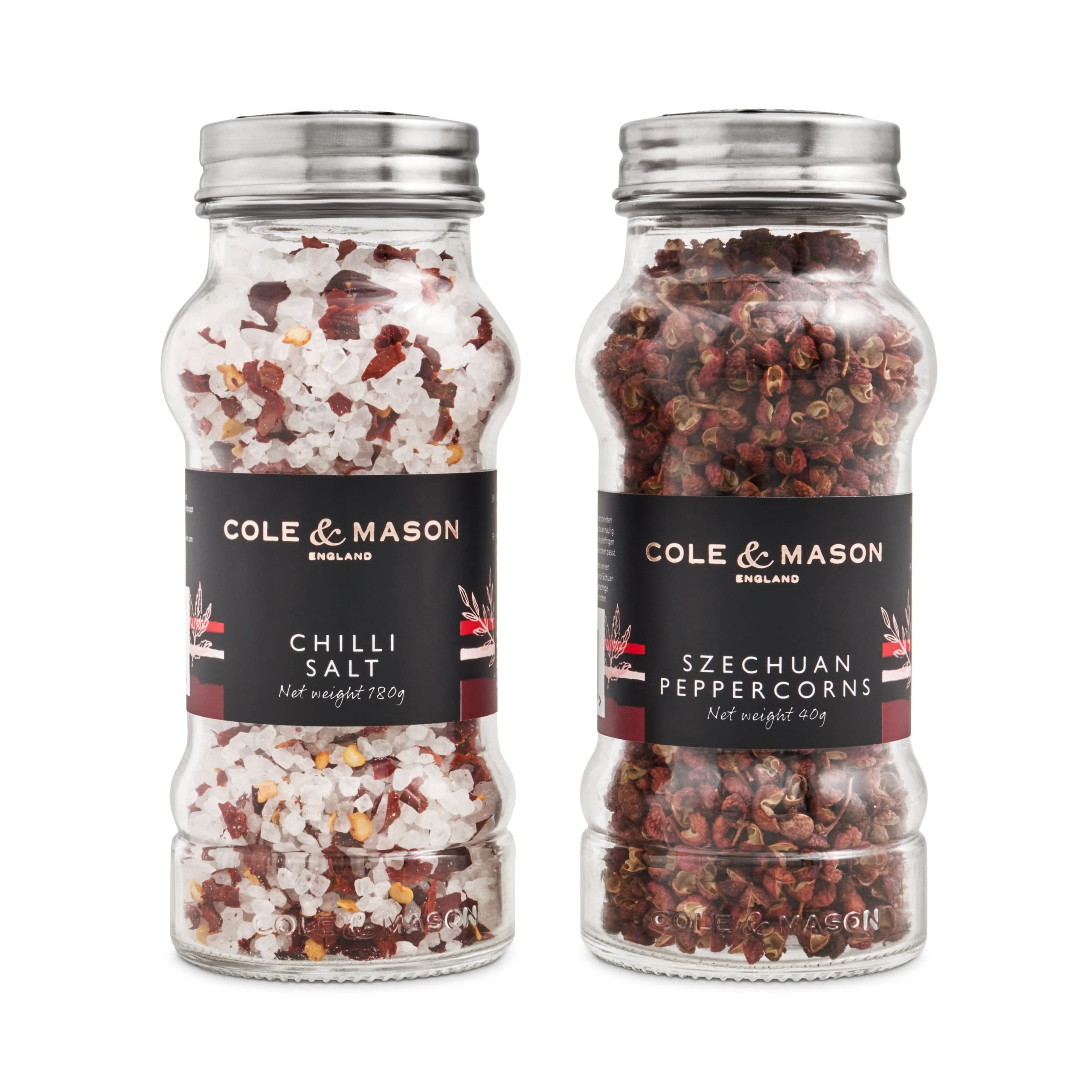 Cole & Mason HFSP165 Premium Aromatic Salt and Pepper Refill Jars, Chilli Salt (165g), Szechuan Peppercorns (35g), Glass, 140 mm, Gift Set, Includes 2 x Salt and Pepper Seasoning Jars