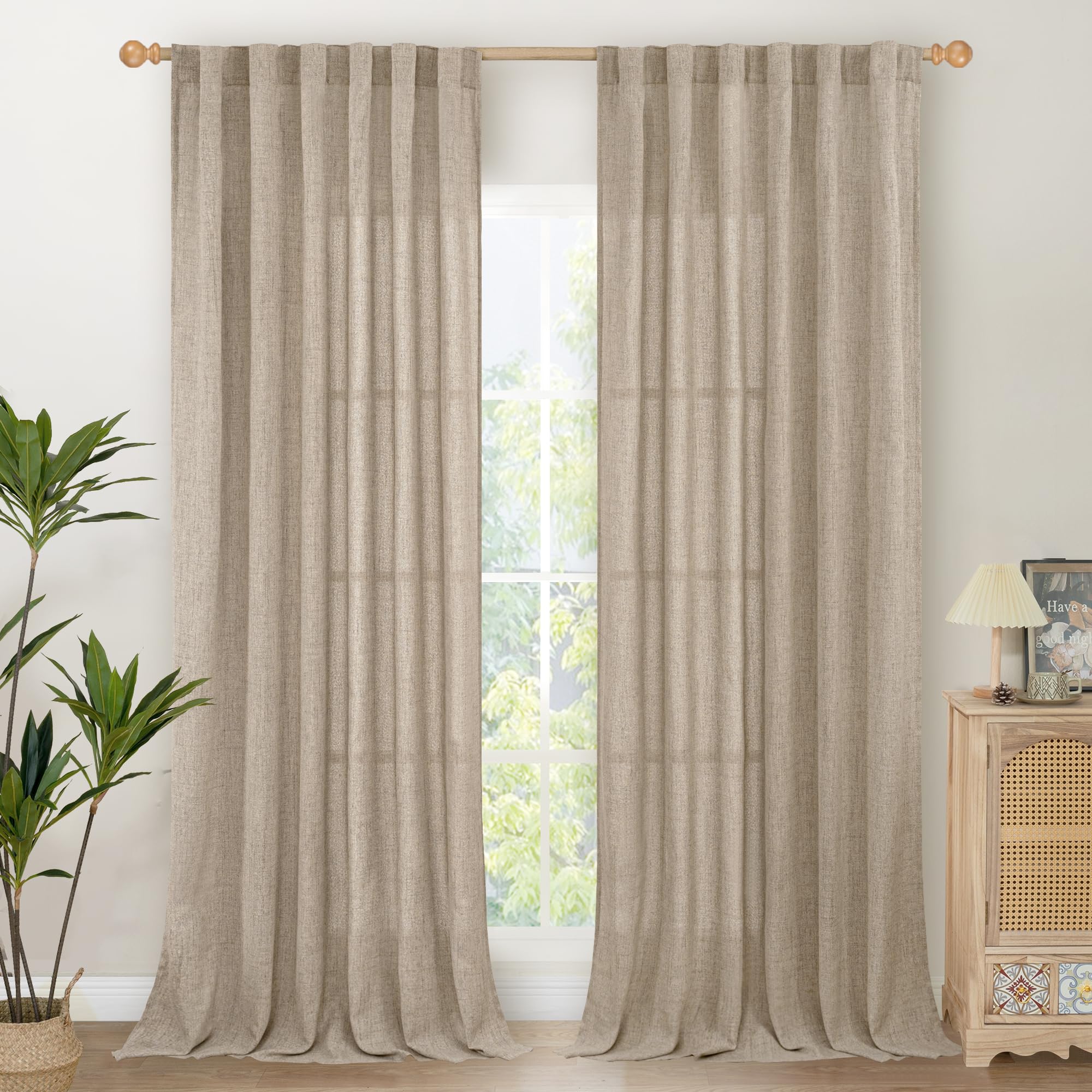 YoungsTex Linen Curtains 84 Inches Long for Living Room Farmhouse, Oatmeal Semi Sheer Drapes Light Filtering Textured Window Treatments with Back Tab Rod Pocket for Bedroom, 2 Panels,52 X 84 Inch Image