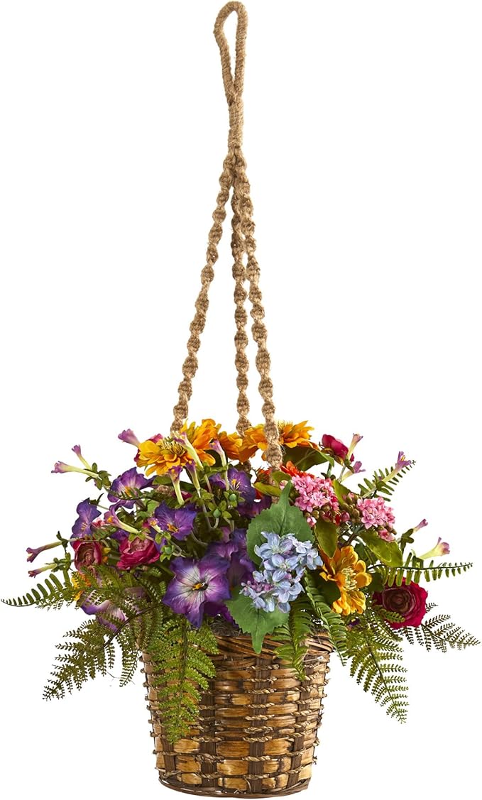 Nearly Natural Mixed Floral Artificial Hanging Basket Silk Plants, Multi Home & Kitchen