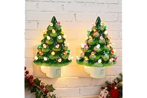 Blissun Christmas Night Light, Ceramic Tree Decor 6 Inch with Multicolor Bulbs, 360° Swivel Plug & On/Off Switch for Bedroom, Home, Bathroom (2 Pack)