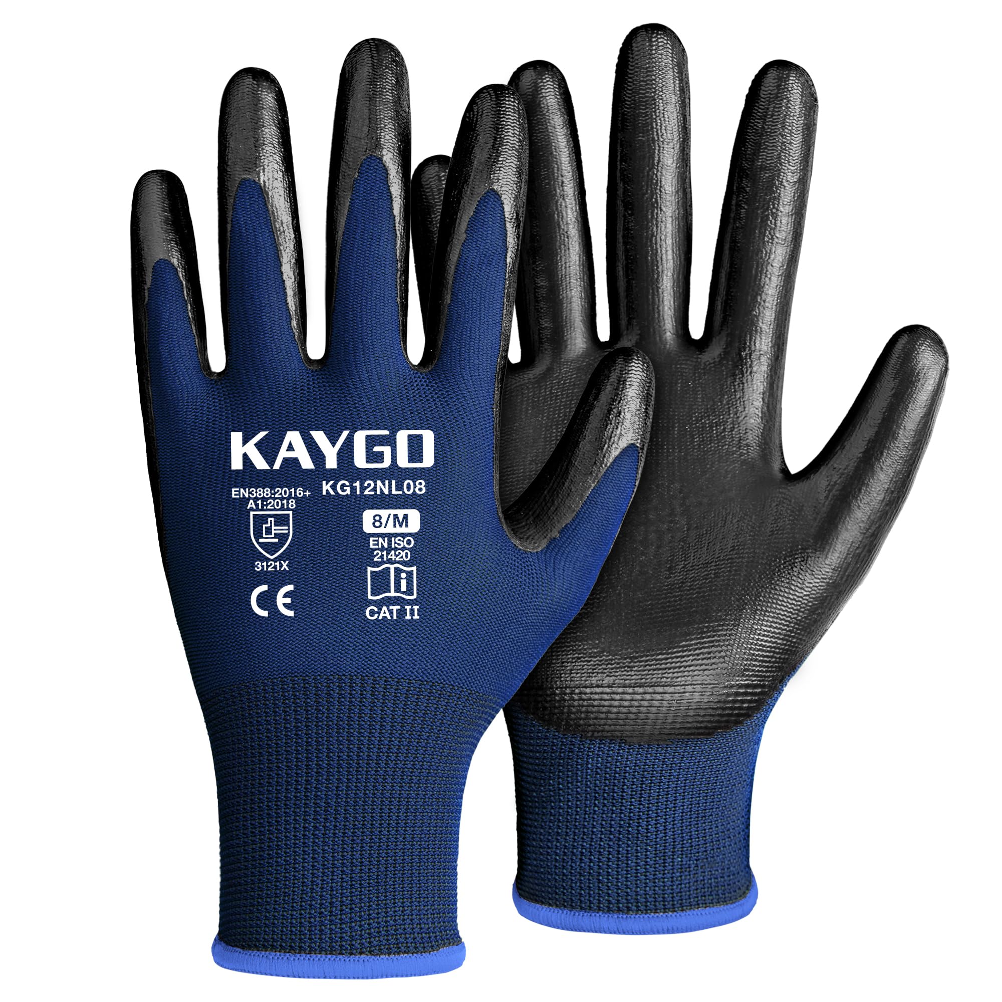 KAYGO Safety Work Gloves Nitrile Coated, Good Grip and Dexterity, 12 Pairs General Purpose Working Gloves for Men and Women, Ideal for Construction Warehouse Automotive DIY, KG12N (Blue, M)