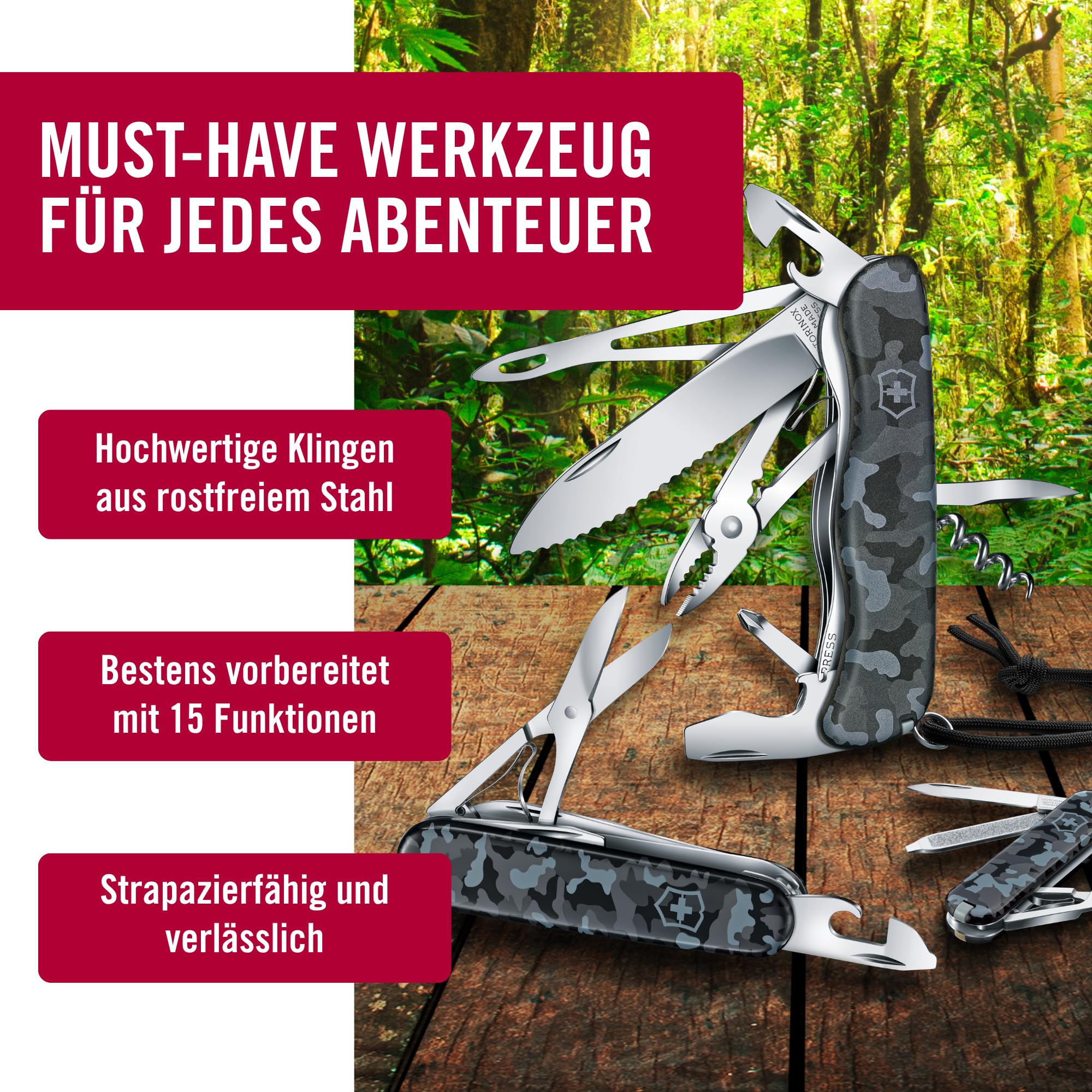 Victorinox Schweizer Taschenmesser Huntsman, Multitool, Swiss Army Knife mit 15 Funktionen, Klinge, Korkenzieher, Dosenöffner, Faltschachtel, Navy Camouflage 5