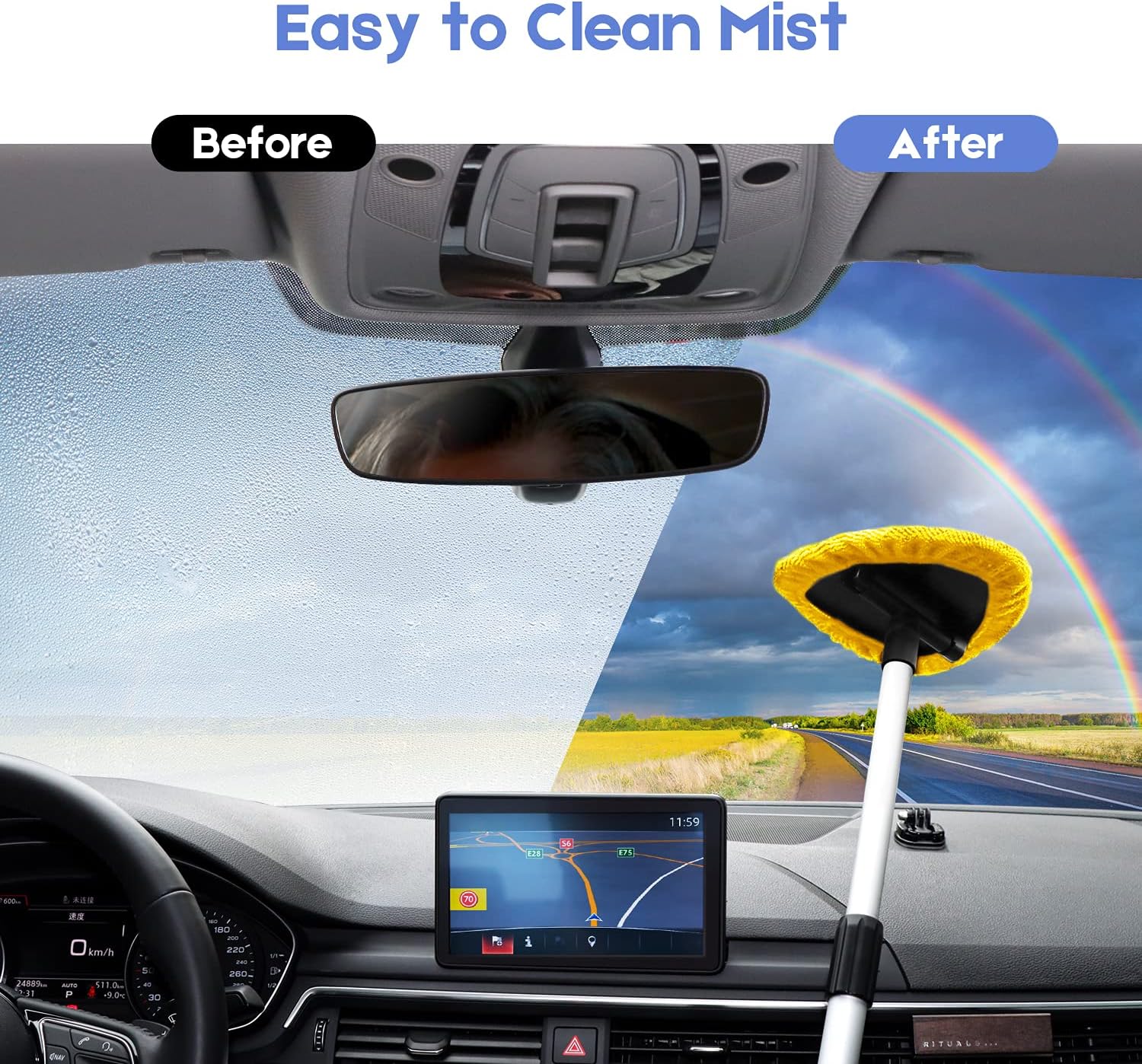 AstroAI Car Window Cleaner, 4 Reusable and Washable Microfiber Pads, Windshield Cleaning Wand Tool with Telescopic and Extendable Handle Auto Inside Glass Wiper Kit, Yellow: Automotive