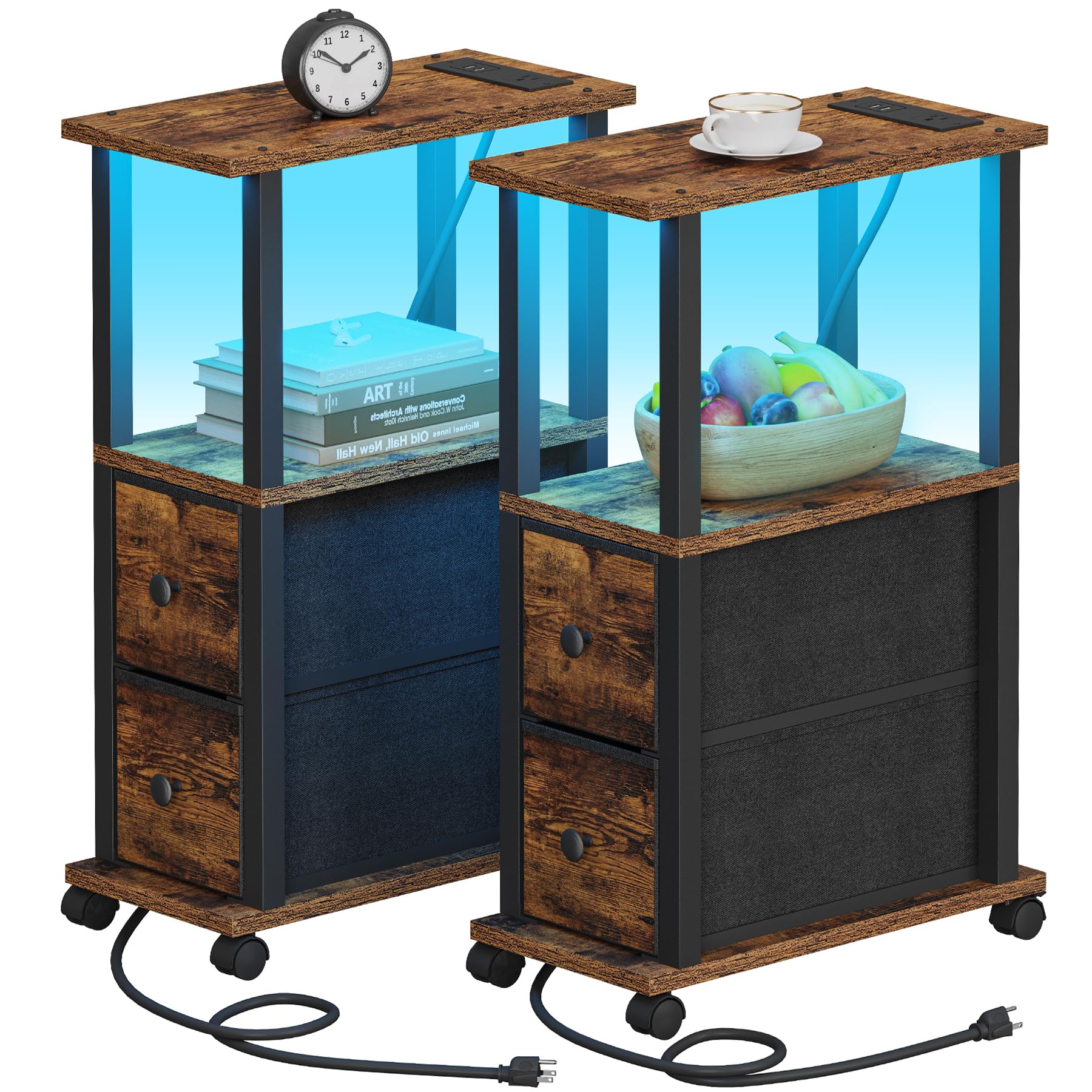 Photo 1 of **NO INSTRUCTIONS***TUTOTAK Small Narrow End Tables, LED Side Tables with 2 Fabric Drawers, Set of 2, Bedside Tables with Charging Station for Small Spaces, Slim Nightstands with USB Ports and Wheels, TB01BB053CL