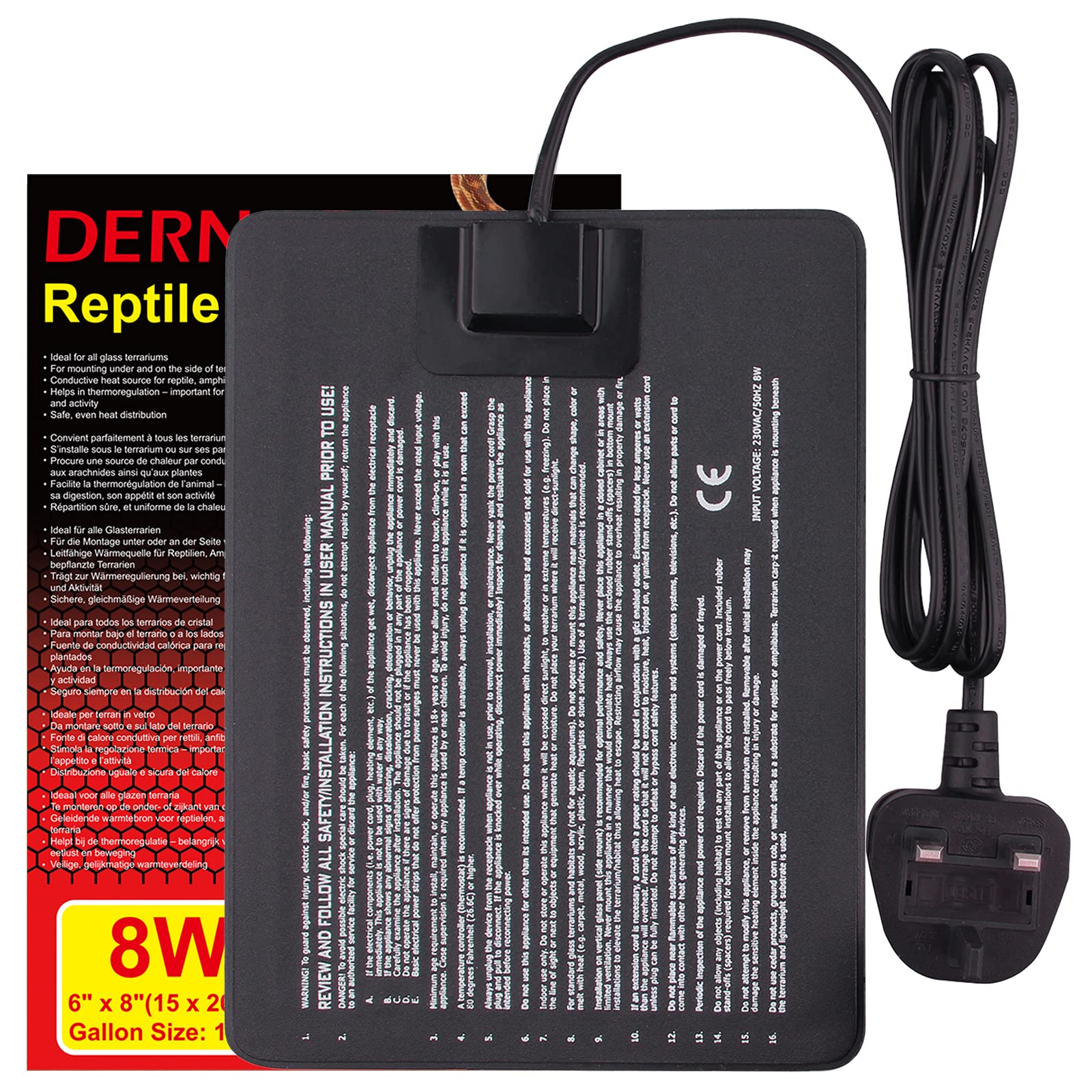 DERNORD Heat Mat Reptile 8W - Heating Pad Reptile for Snake Terrarium Vivarium Bearded Dragon Bird Heater Tortoise Accessories