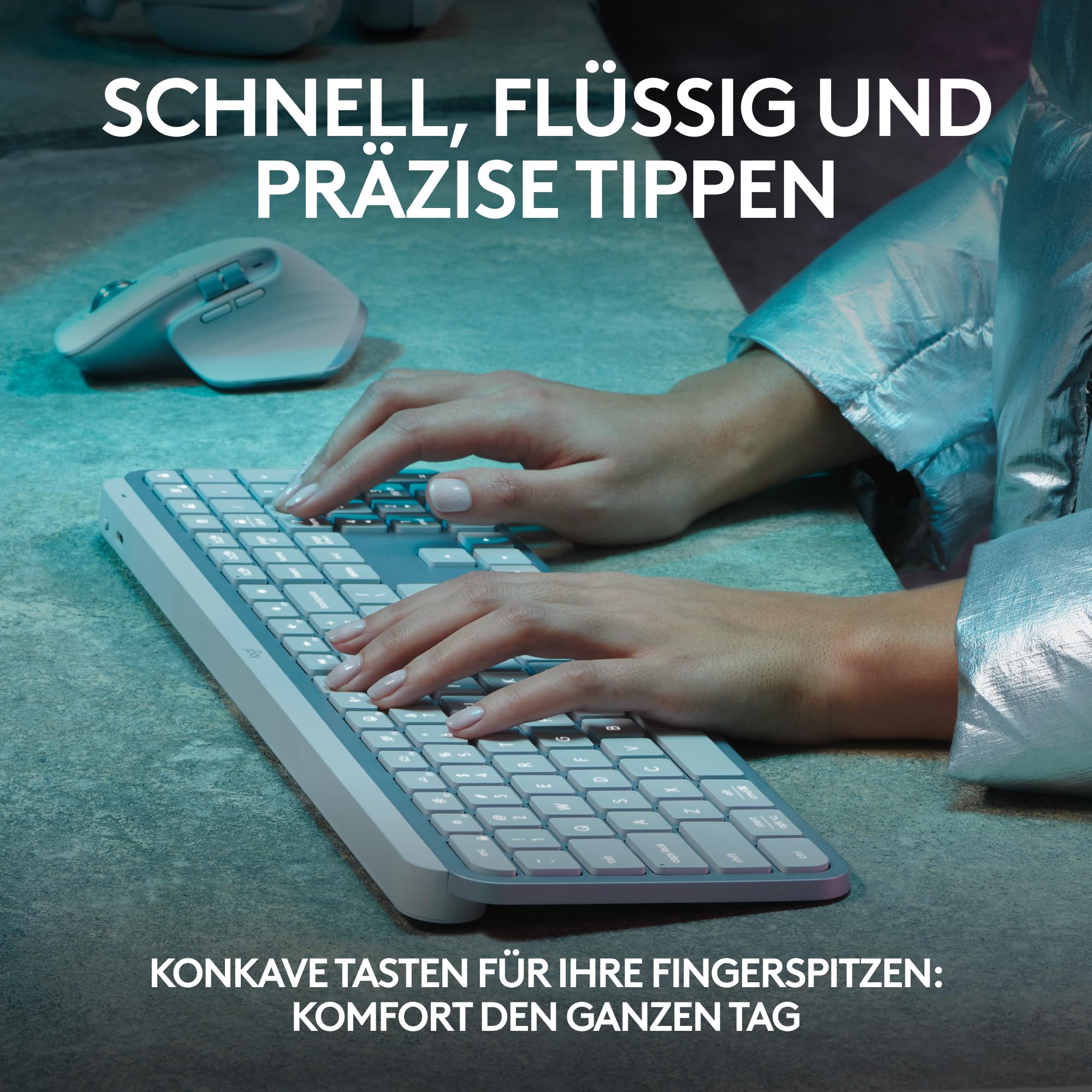 Logitech MX Keys S kabellose Tastatur, Low Profile, Fluid Quiet Typing, Programmable, Backlighting, Bluetooth, USB C Rechargeable, für Windows PC, Linux, Chrome, Mac, Deutsches QWERTZ, Pale Grey 2