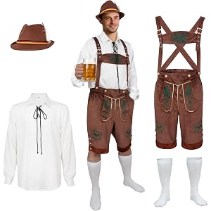 CARUHIF Men's Oktoberfest Outfits German Bavarian Lederhosen Costume | Strap adjustable buckle, long sleeved lace up shirt, t