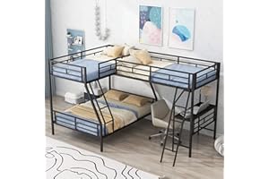 BOVZA Twin Over Full L-Shaped Metal Bunk Bed with a Twin Size Loft Bed Attached with Desk and 2 Ladder, Triple Bunk Beds for 3 Kids Teens Adults, Black