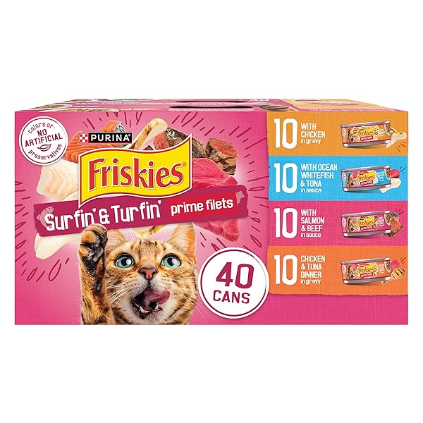 PURINA FRISKIES GRAVY WET CAT FOOD VARIETY PACK, SURFIN’ AND TURFIN’ PRIME FILETS FAVORITES – (PACK OF 40) 5.5 OZ. CANS