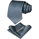 JEMYGINS Solid Color Formal Necktie and Pocket Square Tie Clip Sets for Men