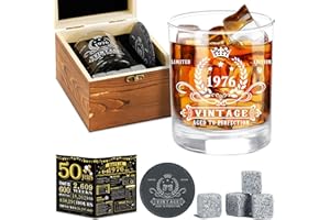 50th Birthday Gifts for Men,Vintage 1976 Whiskey Glass Set,Wood Box & 1976 Poster Anniversary Card &Whiskey Coaster & Stones,