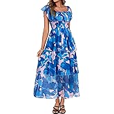 Simplee Womens Floral Wedding Guest Dress Spring Summer 2026 Chiffon Boho Off Shoulder Smocked Tiered Flowy Maxi Dresses