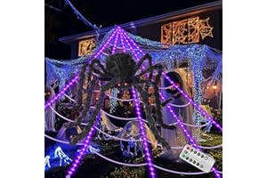 ECOHDT Brighter Spider Webs Halloween Decorations Lights,250 Purple LED Light Up,16.4Ft 8 Modes Giant Spiderweb with Remote Control,48'' Giant Spider,Halloween Decor for Outdoor