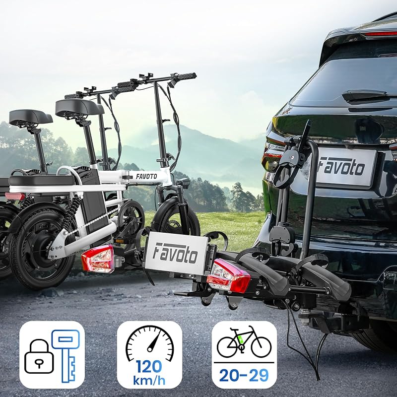 Portabicicletas E-Bike con Rampa Plegable – Soporte de Bola para 2 Bicis (60kg), Aluminio, Antirrobo, Luces 13 Pines y Soporte Matrícula