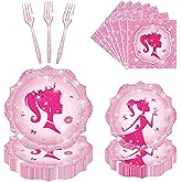 Pink Girl Babe Party Supplies Tableware Set for Kids Boys Girls Birthday Party Decorations Pink Girl Happy Birthday Themed Napkin Cups Forks Knives for 24 Guests