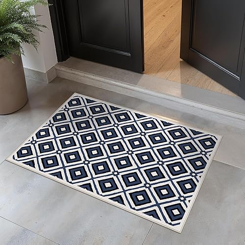 Bavni Entryway Rug Machine Washable, 2x3 Non Slip Lightweight Washable Door Mat, Moroccan Checkered Rug for Bedroom Kitchen Front Door Entrance, Blue Gray