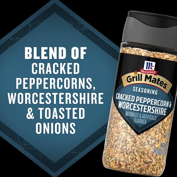MCCORMICK GRILL MATES SEASONING, CRACKED PEPPERCORN & WORCESTERSHIRE, BOLD & SAVORY FLAVOR FOR STEAK, CHICKEN AND VEGETABLES, PERFECT FOR GRILLING, ROASTING, AIR-FRYING, COOKOUTS, AND WEEKNIGHT MEALS, 2.75 OZ