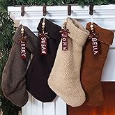 Floraltop 4 Pcs Neutral Personalized Christmas Stockings with Name Tags 18 Inches Farmhouse Brown Teddy Fleece Fur Christmas Stockings Rustic Fireplace Hanging Ornaments for Holiday Party Family Decor