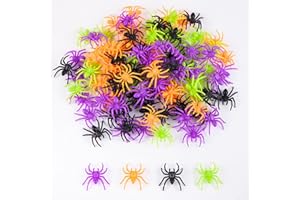 JIALWEN 120 Pieces Realistic Halloween Plastic Spiders 4 Colors Small Spider Toys Fake Spiders Terror Funny Prank Props for Halloween Home and Party Decorations