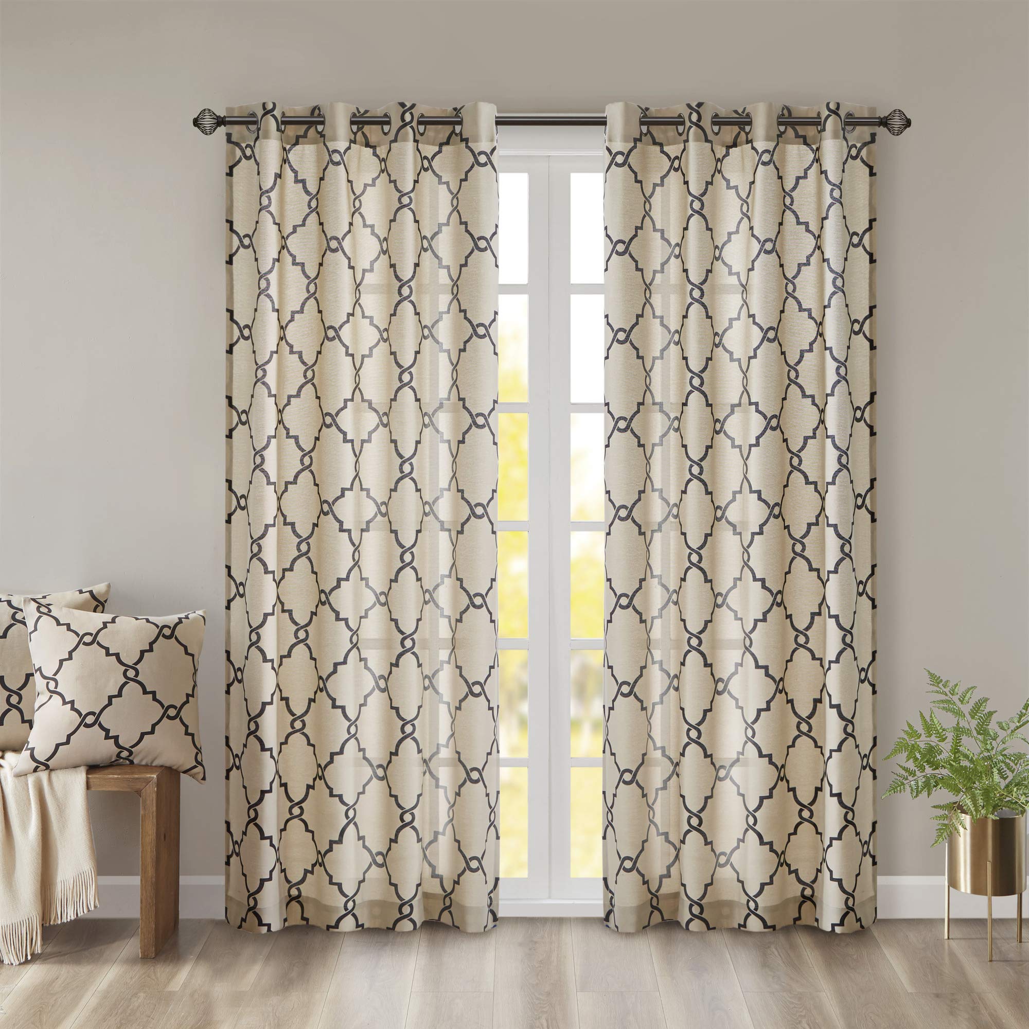 Madison Park Saratoga Single Window Curtain Light Filtering Fretwork Print 1 Panel Grommet Top Drape for Living Room Bedroom and Dorm, 50x84, Khaki/Black