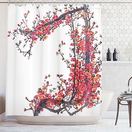Abakuhaus Japonais Rideau De Douche Branche Sakura En Forme De Fleur Cerisier Japonais Artistique Coups De Pinceau Résistant à Leau Résilient Pas