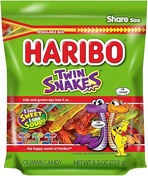 HARIBO GUMMI CANDY, TWIN SNAKES SWEET & SOUR GUMMY CANDY, 8.3 OUNCE RESEALABLE SHARE SIZE STAND UP BAG, SOFT & CHEWY SNACKS, ASSORTED FRUITY FLAVORS